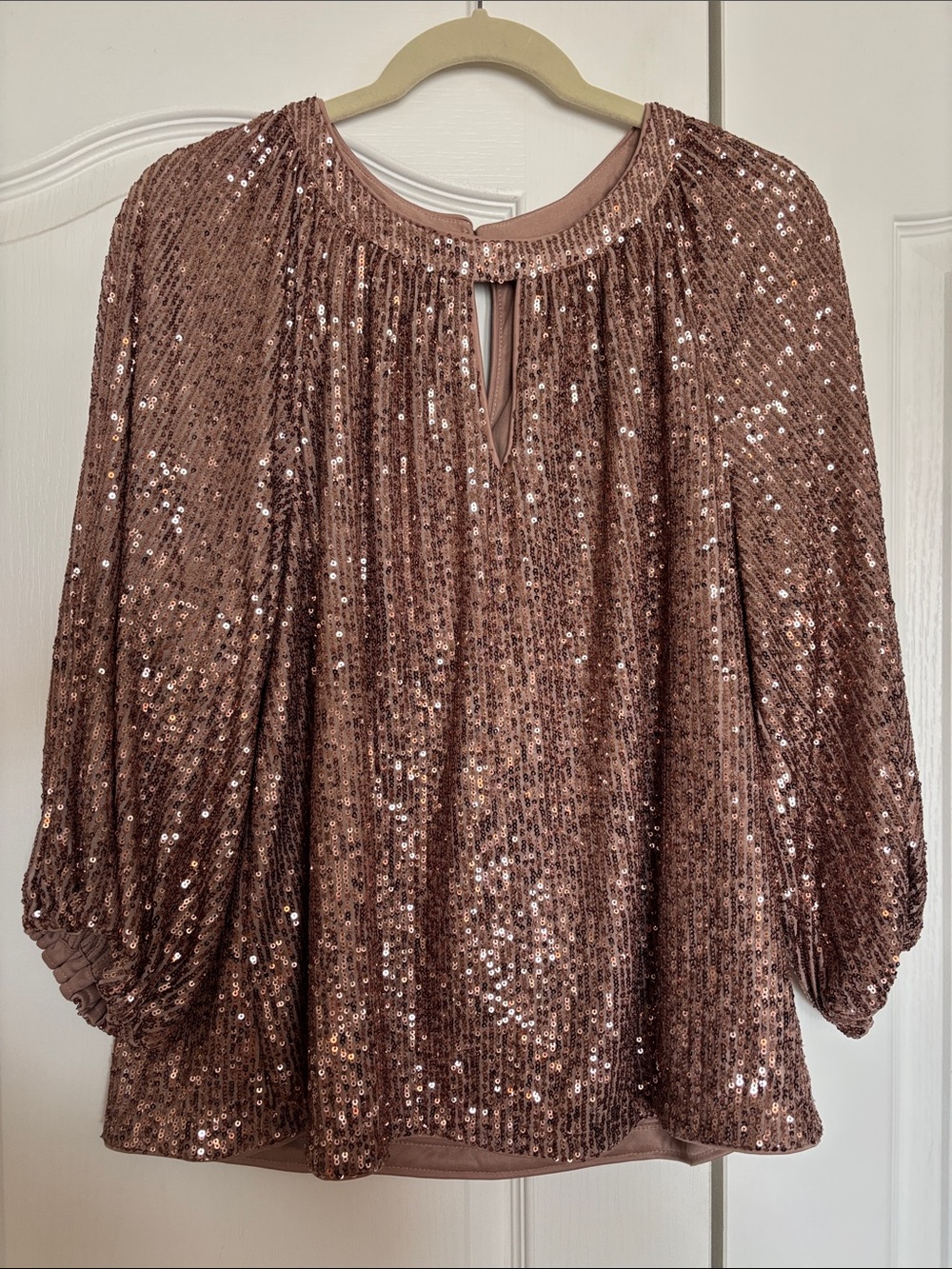 Vince Camuto Rose Gold Sequin Pleated Blouson Top